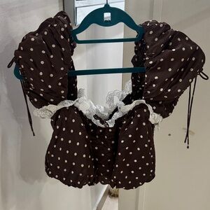 For Love & Lemons Brown Polka Dot Lace-Trim Chemise Top